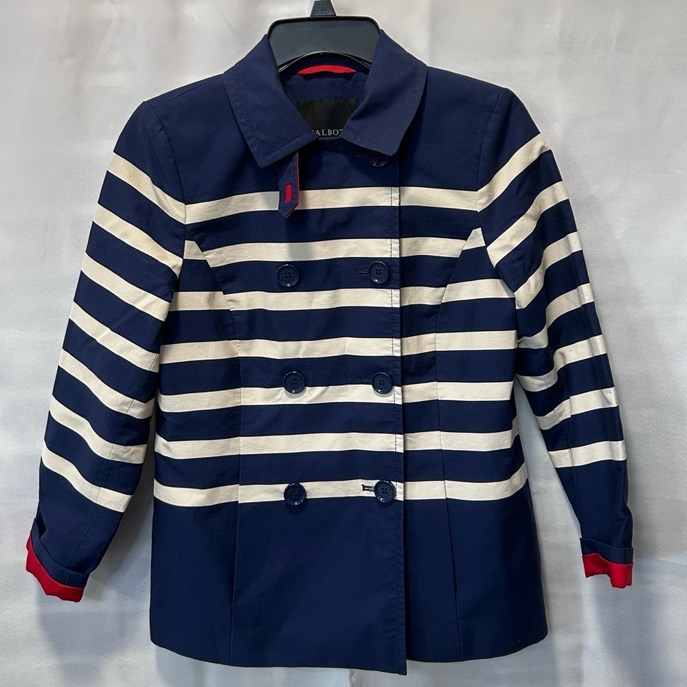 Talbots Breton Nautical Navy White Stripe Peacoat Size Small Petite - Picture 3 of 7